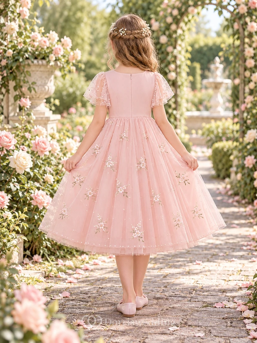 Blushing Pink Pearl Flutter Sleeve Floral Tea-length A-line Flower Girl Dress view 2