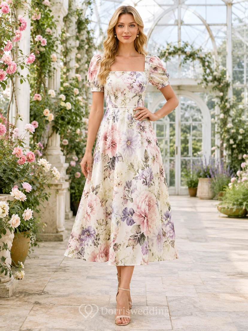 Vestido midi de corte A con cuello cuadrado y mangas abullonadas, estampado floral de jardín.