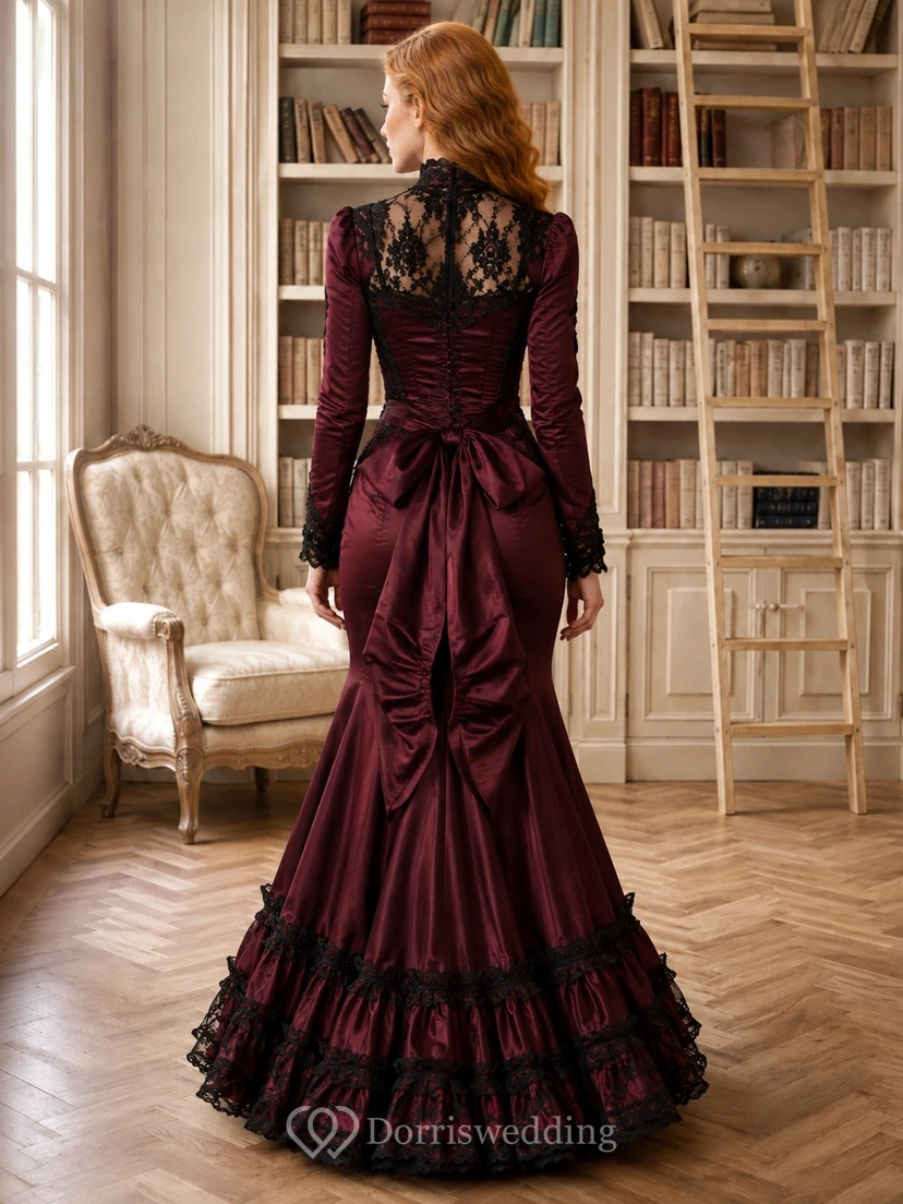Burgunderfarbenes Meerjungfrauenkleid im viktorianischen Stil mit hohem Kragen, langen Ärmeln und Spitze view 2