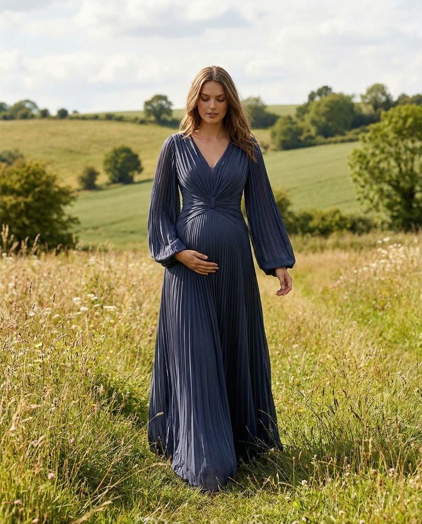 Ink Navy Maternity Formal Dress with Deep V-Neck, Long Pleated Sleeves & Flowing Skirt