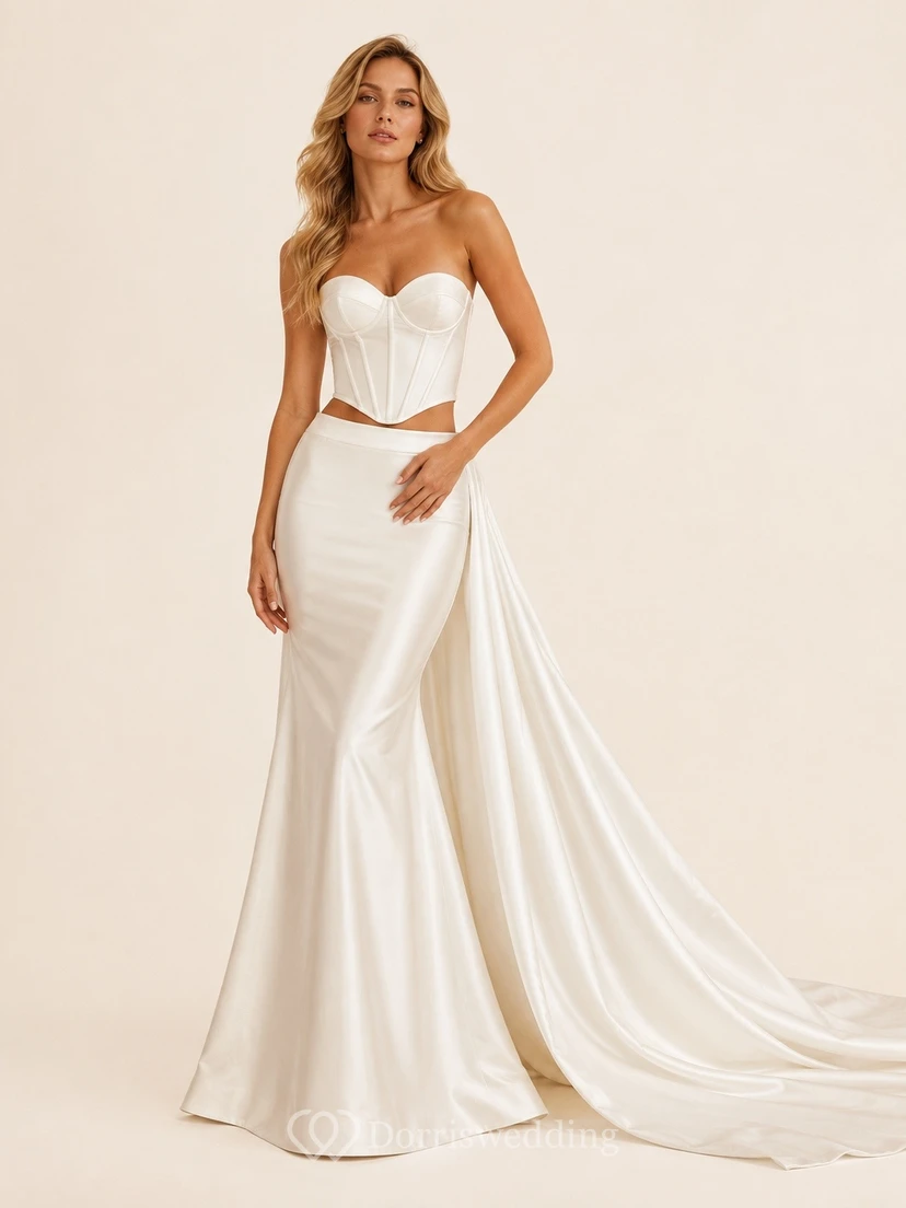 Zweiteiliges, modernes, wandelbares Brautkleid aus Satin mit Herzausschnitt, klassisch