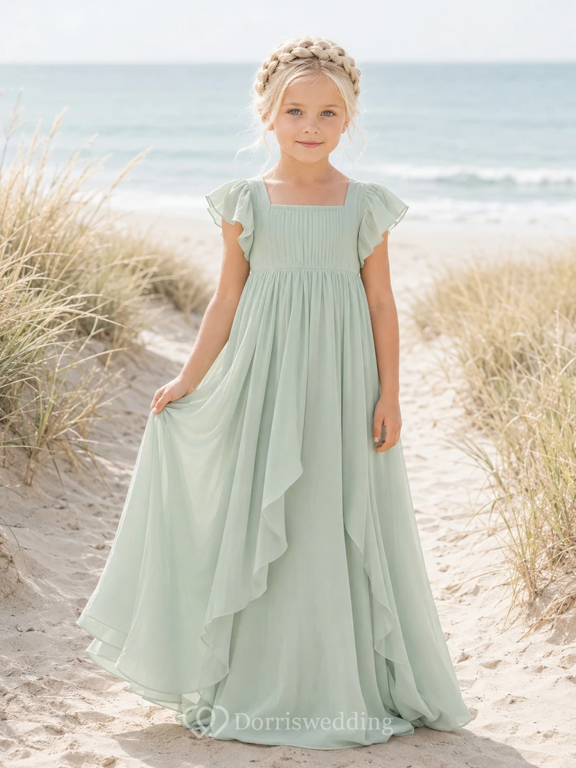 Strandkleid aus Chiffon mit flatternden Ärmeln für Blumenmädchen