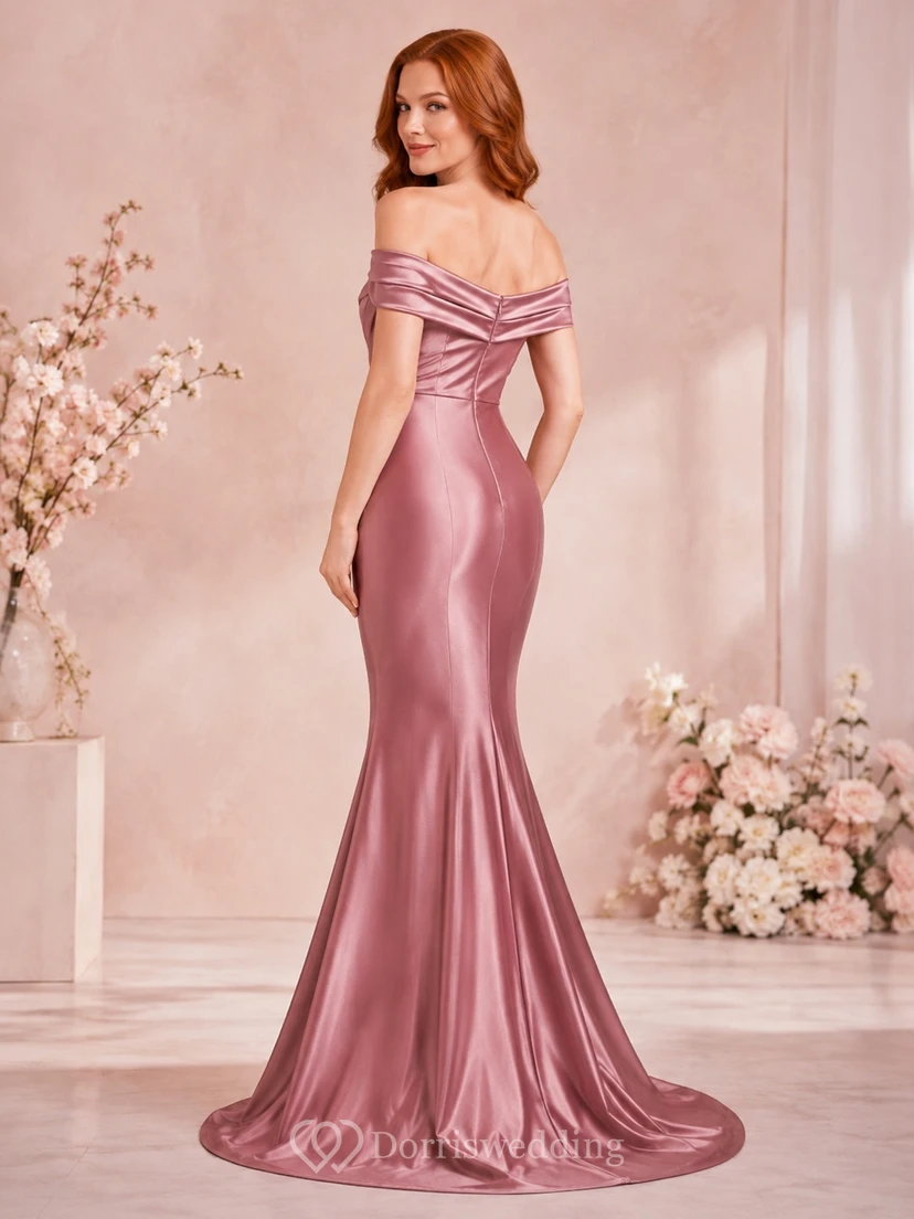 Dusty Rose Off-the-shoulder Short Sleeve Ruched Satin Mermaid Sweep Train Gown view 2