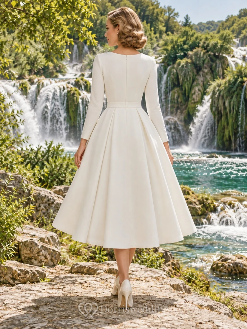 Vestido de novia sencillo de estilo vintage, largo hasta la rodilla, manga larga, cuello joya, satén, lazo, cintura plisada. view 2