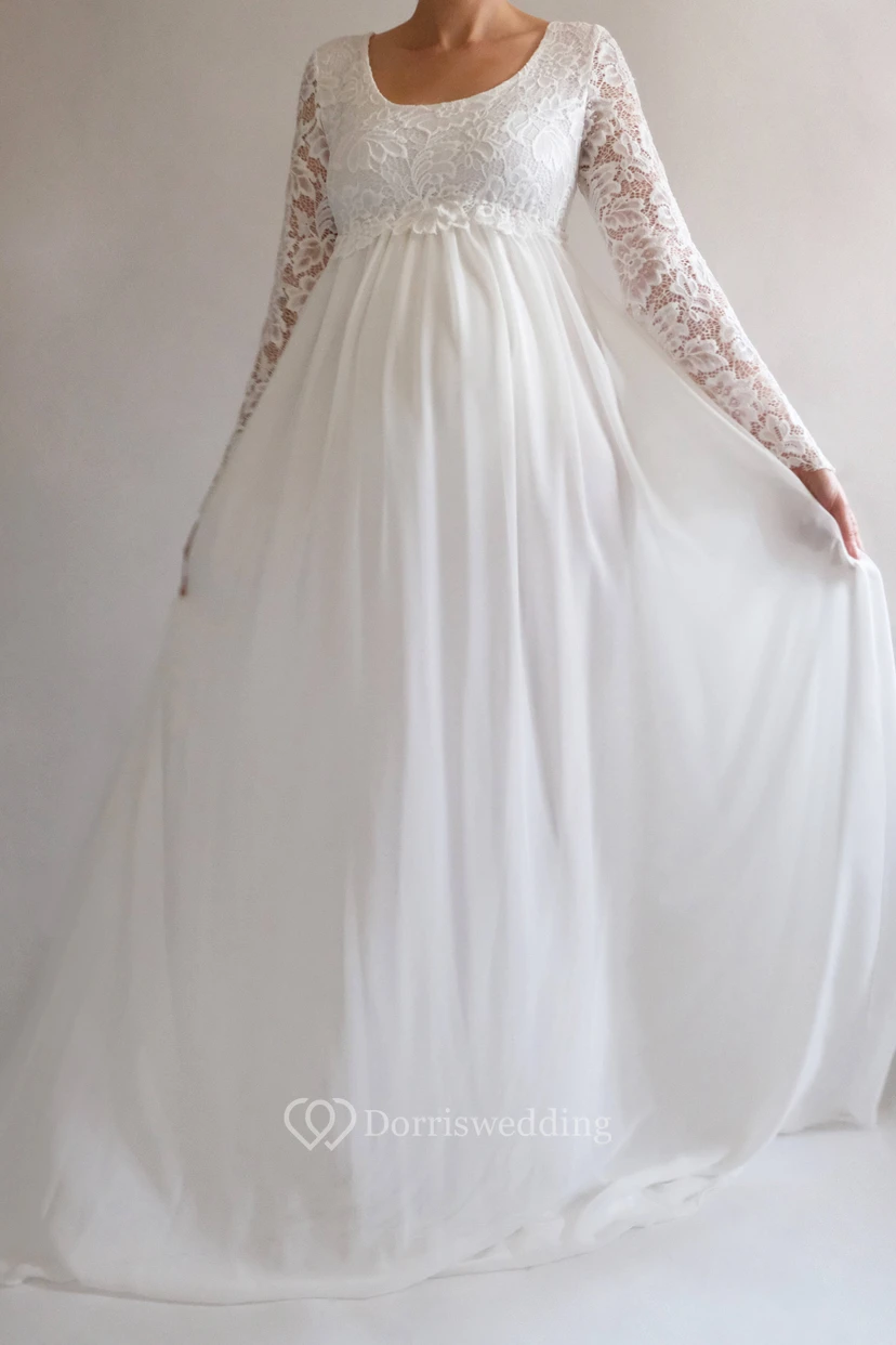 Robe de mariée empire en mousseline, manches longues, style simple/décontracté, taille haute et traîne.