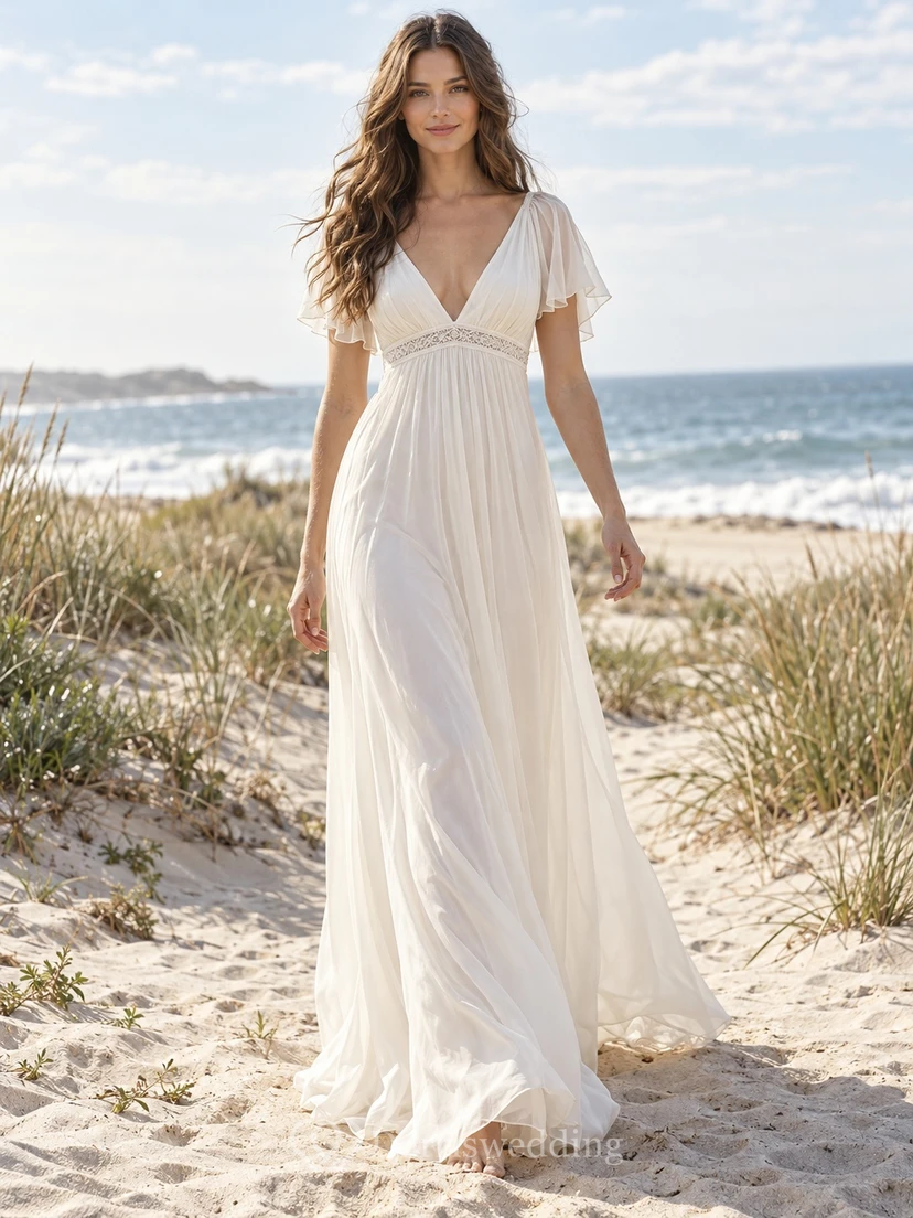 Boho-Brautkleid aus Chiffon, schlicht, Empire-Stil, V-Ausschnitt, flatternde Ärmel, Chiffon, schlicht