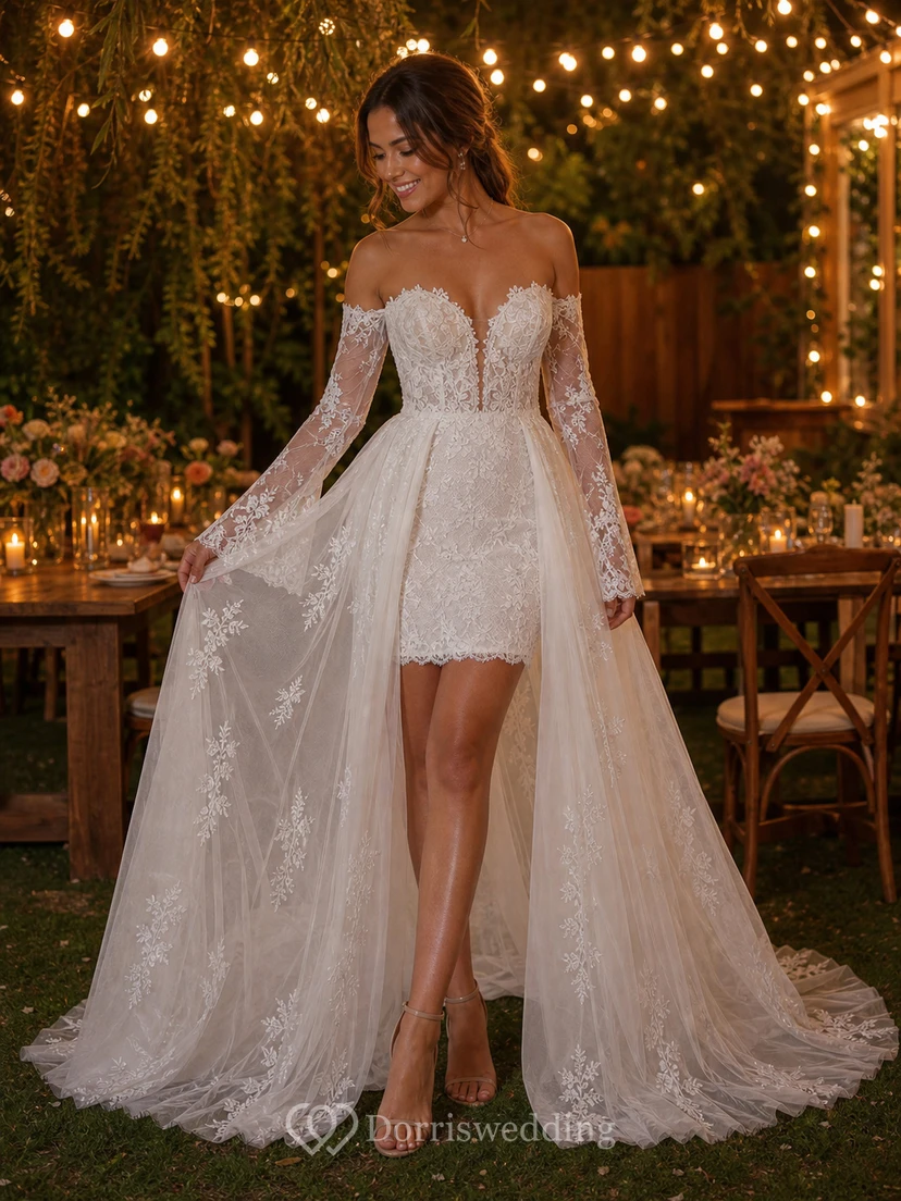 Robe de mariée mini en dentelle à épaules dénudées avec surjupe en tulle amovible et manches longues view 13