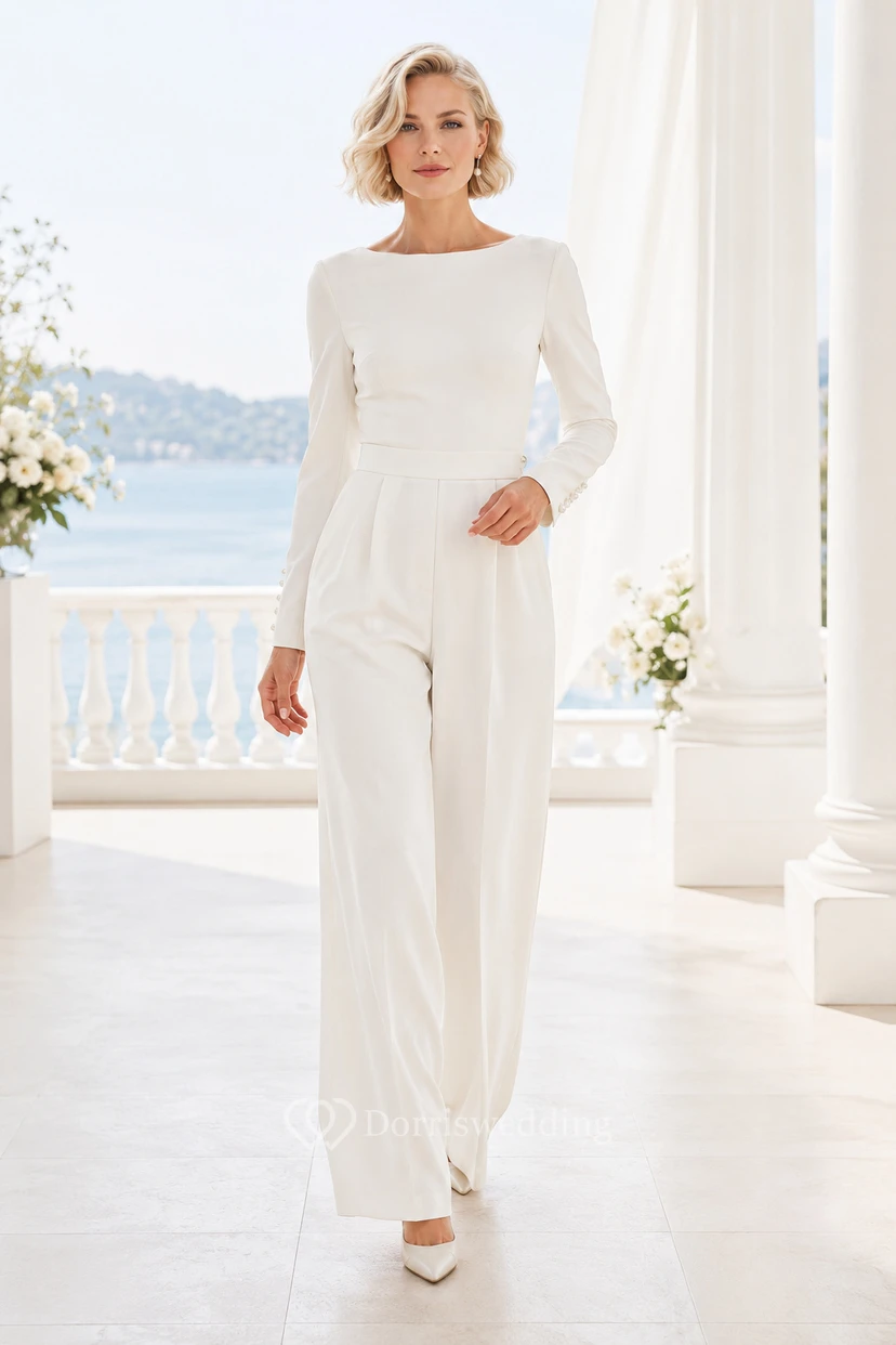 Weißer Satin-Hochzeitsjumpsuit mit langen Ärmeln und Bateau-Ausschnitt