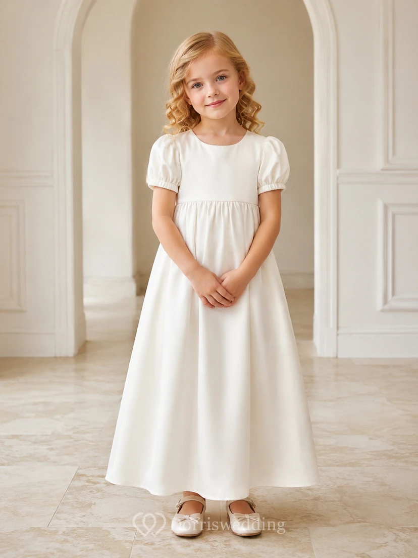 Blumenmädchenkleid Champagnerfarbener Satin A-Linie Puffärmel Rundhalsausschnitt Teelänge