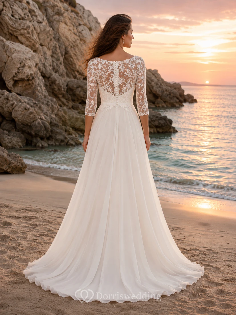 Chiffon-Hochzeitskleid in A-Linie mit Illusion-Spitzenärmeln im Küstenstil view 2