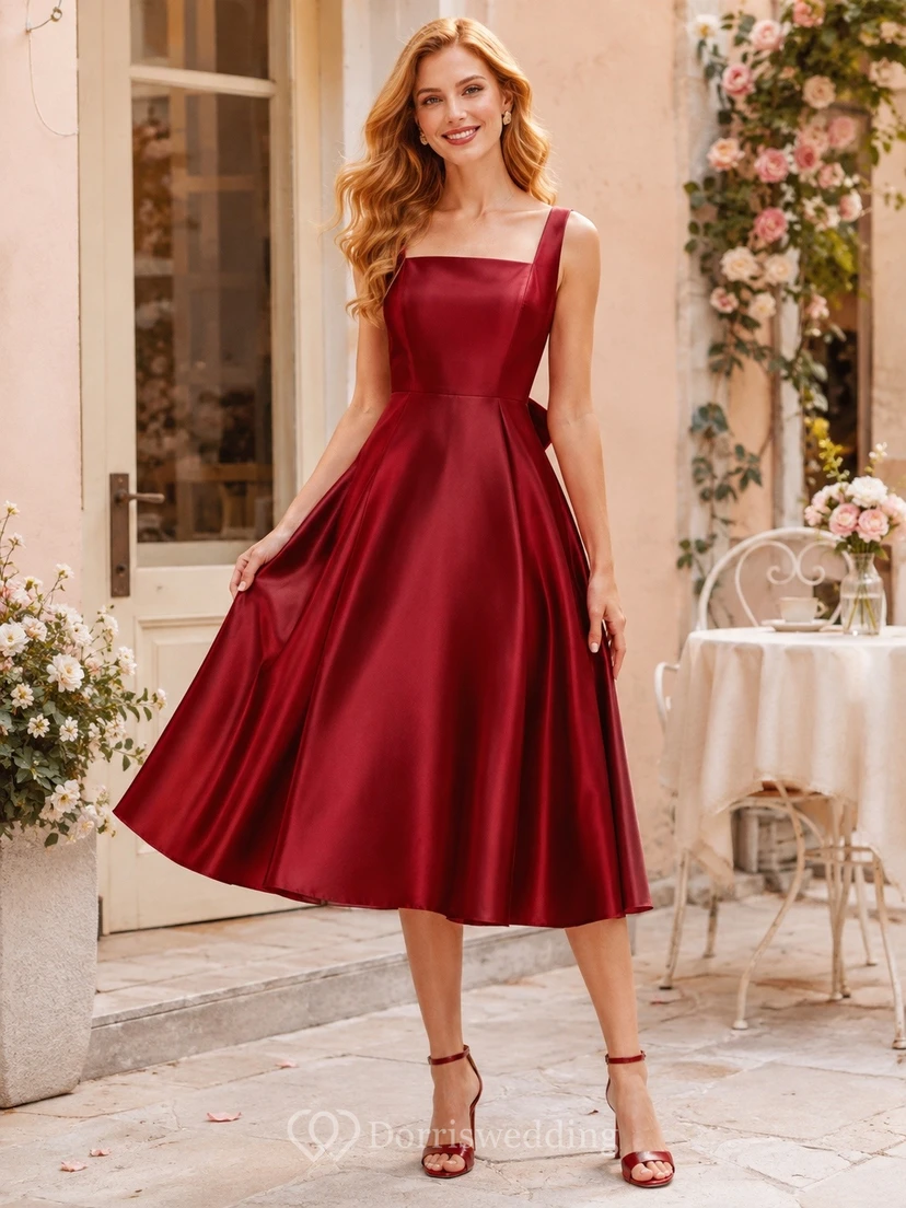 Elegant Red Square Neck Sleeveless Satin A-Line Tea-length Formal Dress