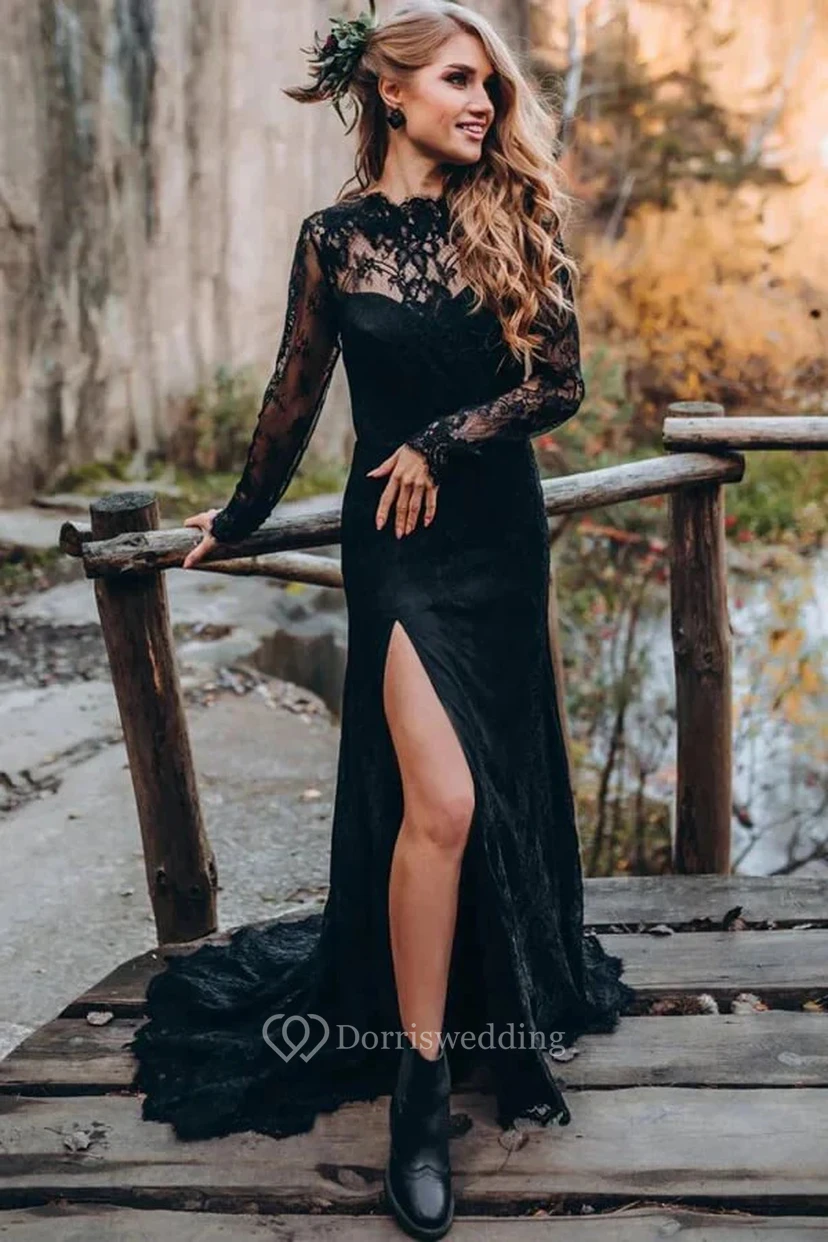 Robe fourreau fendue sur le devant, dos nu en dentelle gothique noire à manches longues et décolleté en V, manches longues