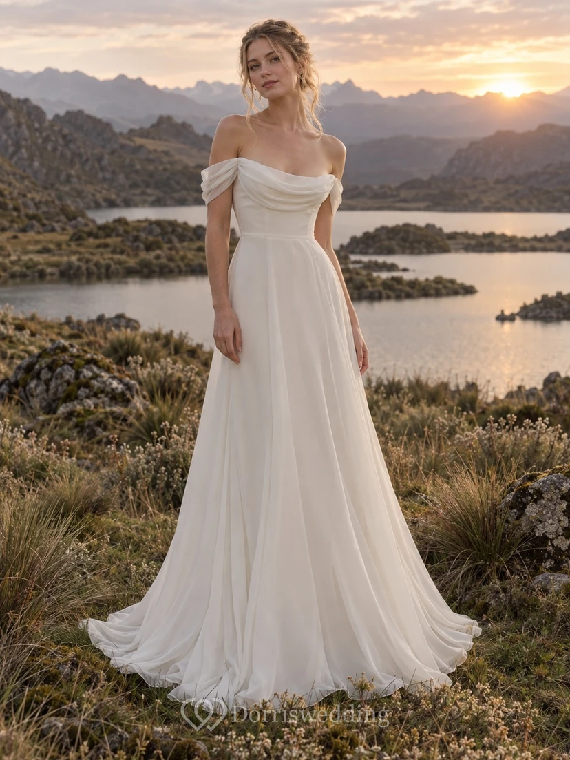 Sencillo vestido de novia de georgette con escote Bardot, corpiño drapeado y cola en línea A.
