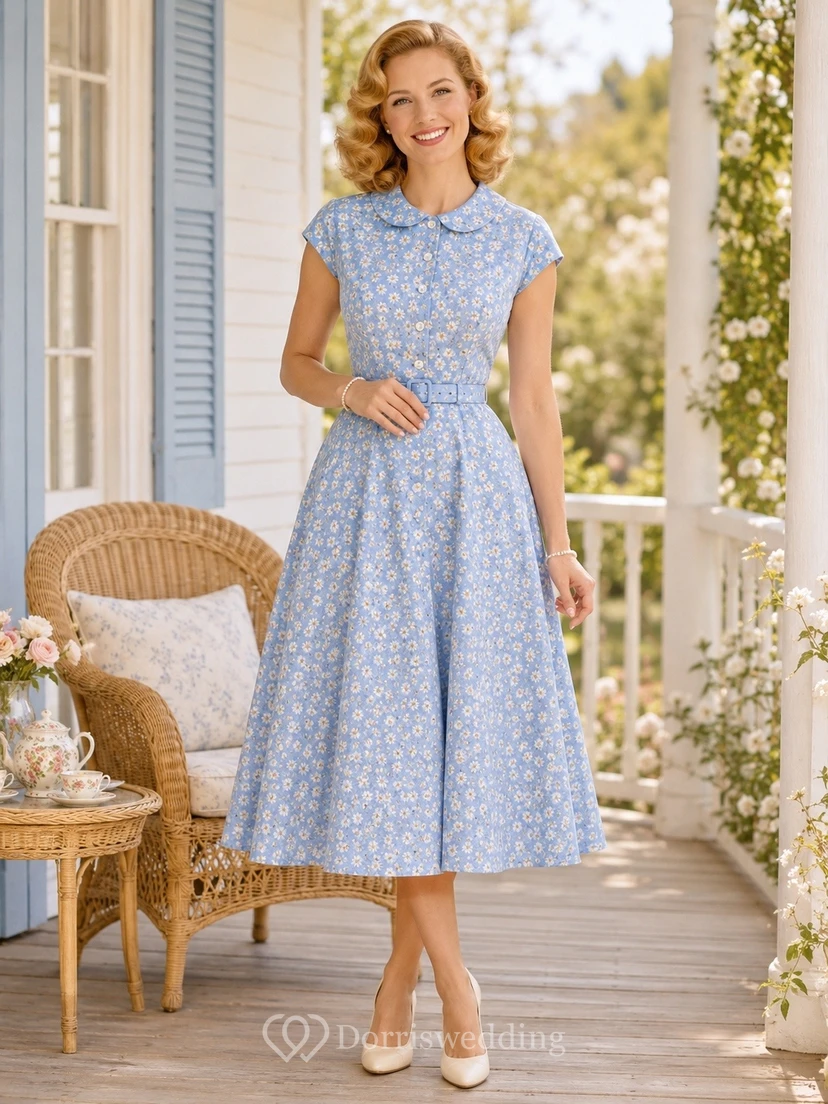 Vestido de té de corte A con cuello en V y mangas cortas, estampado floral azul cielo en gasa
