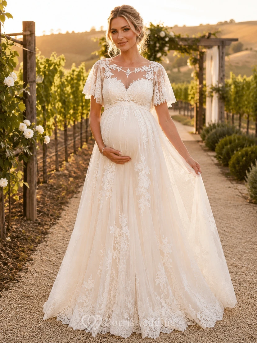 Romantisches Umstands-Brautkleid mit Schmuckkragen, flatternden Spitzenärmeln und Empire-Schnitt
