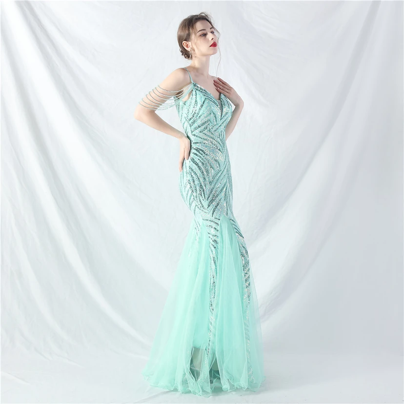 Layered Beads Spliced ​​Mesh High-End Evening Dress view 2