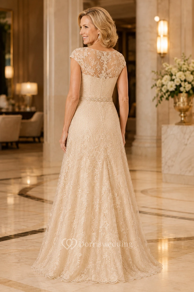 Champagnerfarbenes Pailletten-Spitzenkleid in A-Linie mit kurzen Ärmeln view 2
