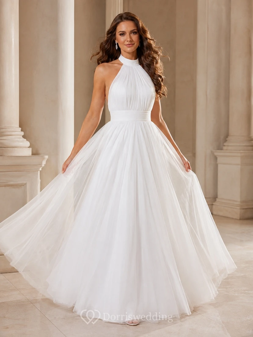 White Tulle Halter Sleeveless Ball Gown Floor-Length Formal Dress