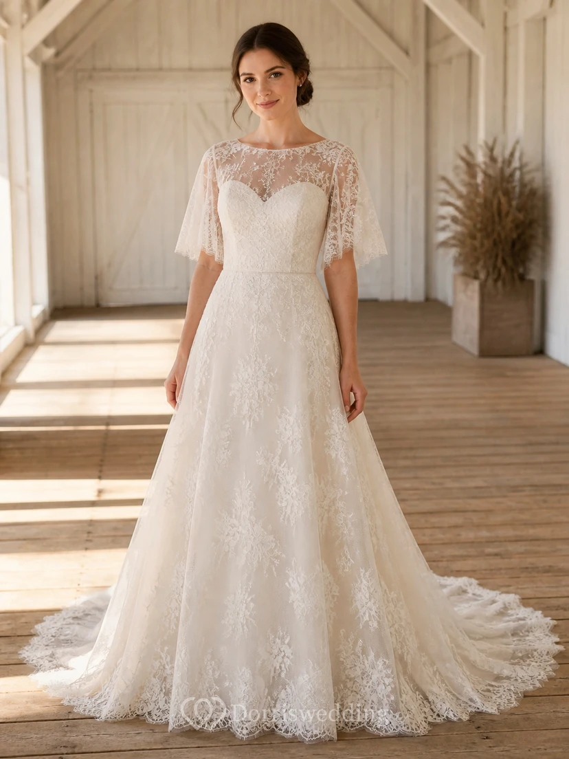 Vestido de novia modesto de corte A con escote barco y mangas murciélago, largo hasta el suelo.
