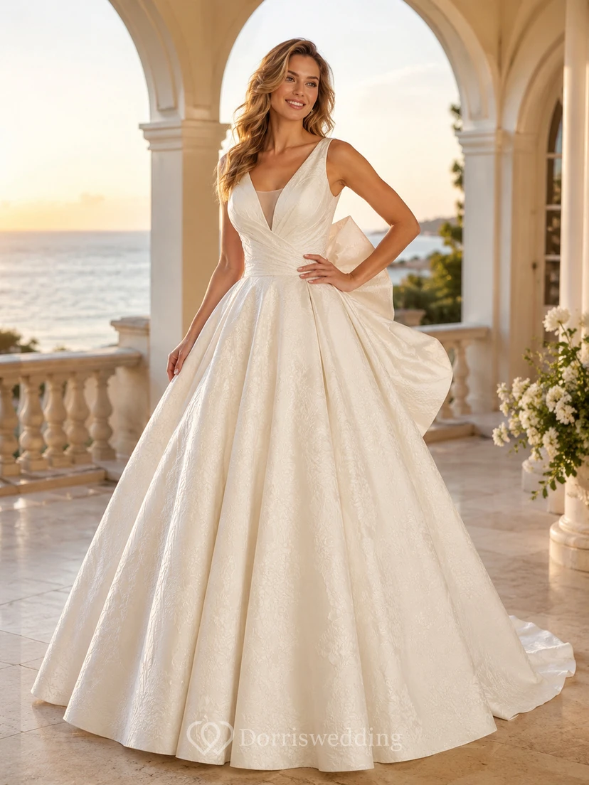 Robe de mariée de bal en satin jacquard à col en V, nœud dans le dos nu plongeant et traîne chapelle