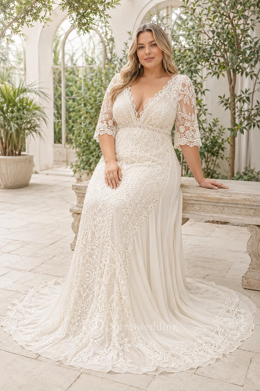 Plus Size Ivory V-Neck Lace Mermaid Wedding Dress with Half Sleeves