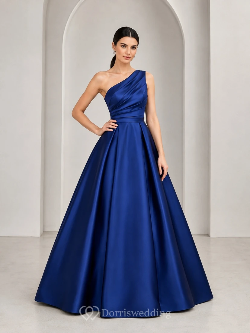 Satin One Shoulder Sleeveless Royal Blue Ball Gown Luxury Dress