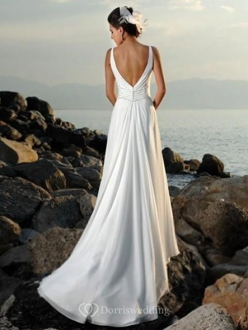Empire-Brautkleider aus Chiffon mit V-Ausschnitt, Schleppe und ärmellosem Schnitt für Bräute view 2