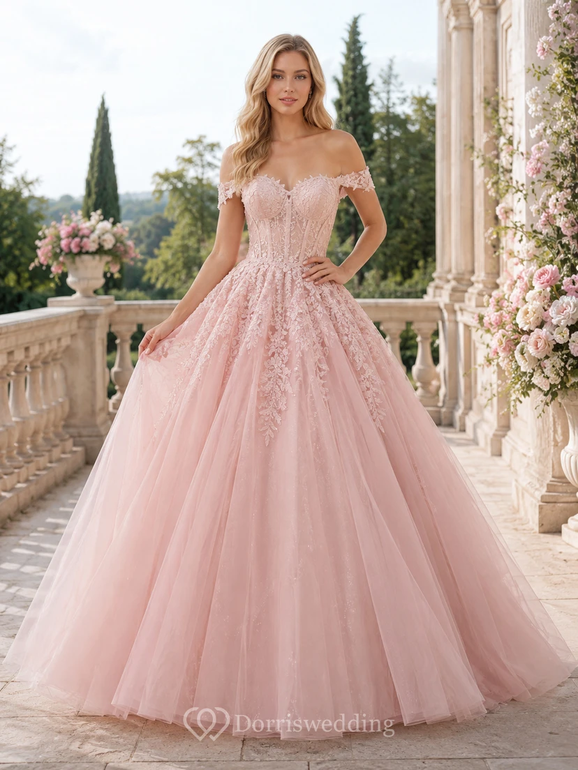 Romantic Blush Off-Shoulder Lace Tulle Ball-Gown Sweep-Train Quinceanera Prom Dress