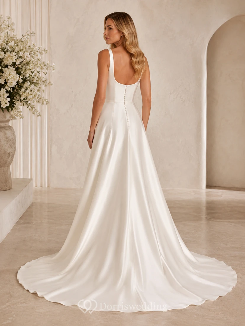 Minimalist Satin Wedding Dress A-Line Square Neck Sleeveless Sweep Train with Slit Bridal Gown view 2