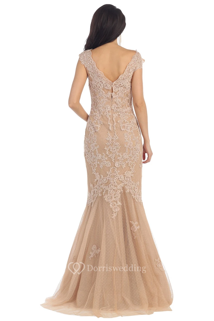 Mermaid Long Scoop-Neck Short Sleeve Tulle Low-V Back Dress With Appliques And Pleats view 2