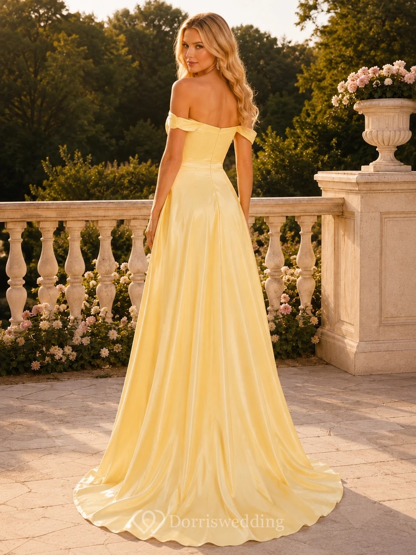 Yellow Chiffon Off Shoulder A-Line Slit Floor Length Romantic Prom Gown view 2