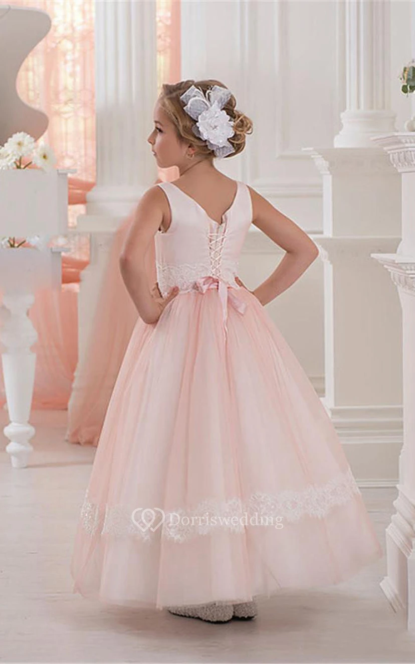 Flower Girl Bateau A-line Tulle Gown With Lace Up view 2