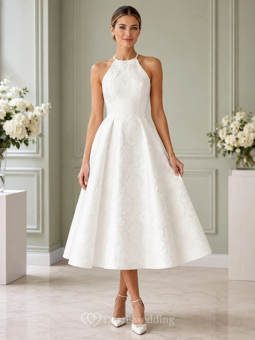 Civil Halter Sleeveless A-Line Tea-Length Simple Elegant Formal Dress