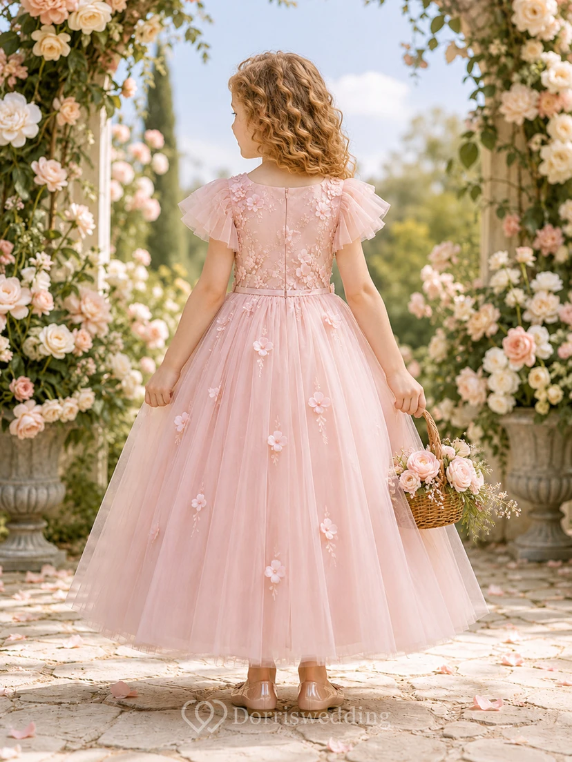 Vestido de niña de las flores, color rosa empolvado, encaje, tul, corte en A, mangas con volantes, escote redondo, largo midi, apliques florales. view 2
