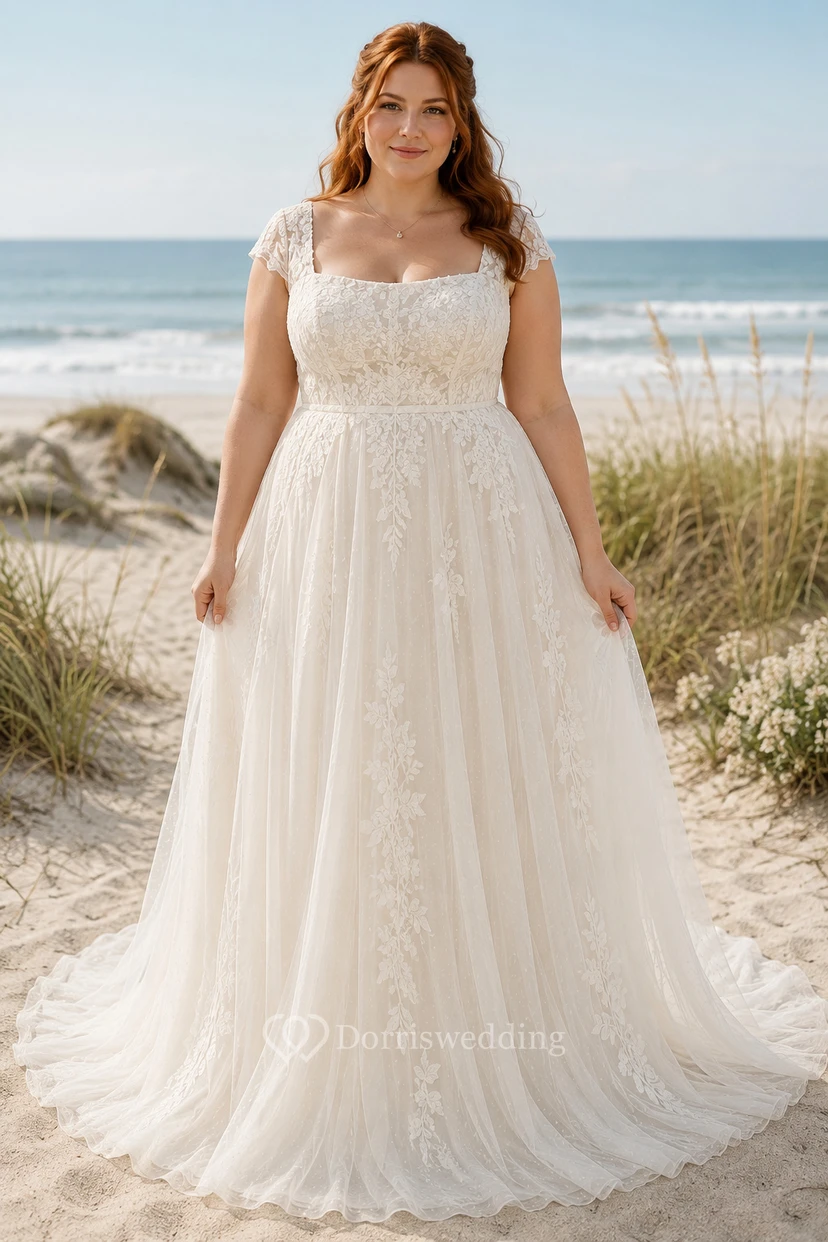 Robe de mariée de plage grande taille en dentelle, coupe trapèze, col carré et bretelles