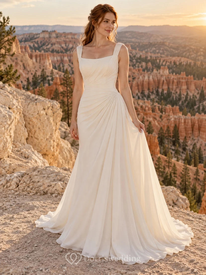 Vestido de novia sencillo de corte recto, sin mangas, de georgette liso y largo hasta el suelo.