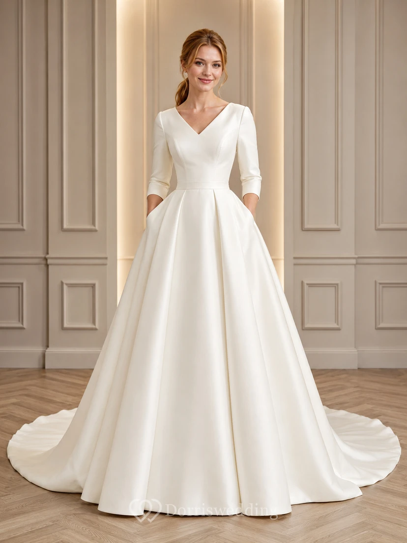 Classic Modest V-Neck Three Quarter Sleeve Satin Ball Gown Court Train Wedding Dress