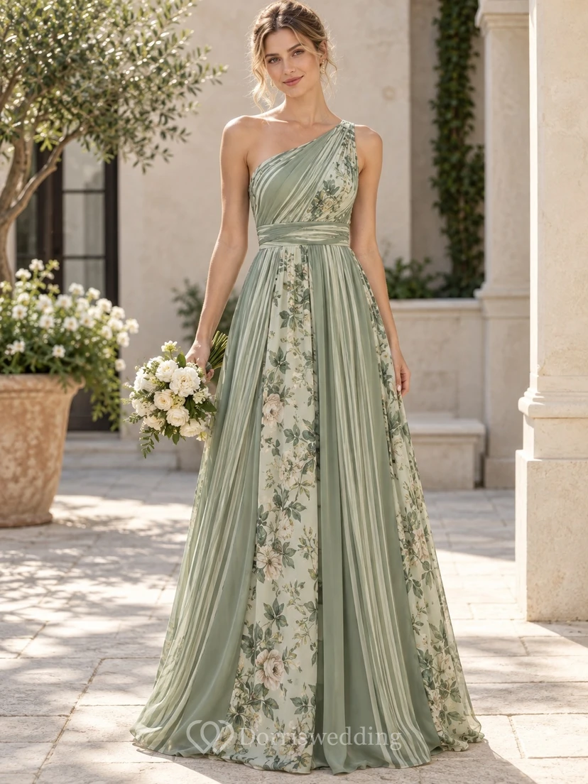 Sage Floral Stripe Mixed Print One-Shoulder Draped Floor-Length Chiffon Bridesmaid Dress