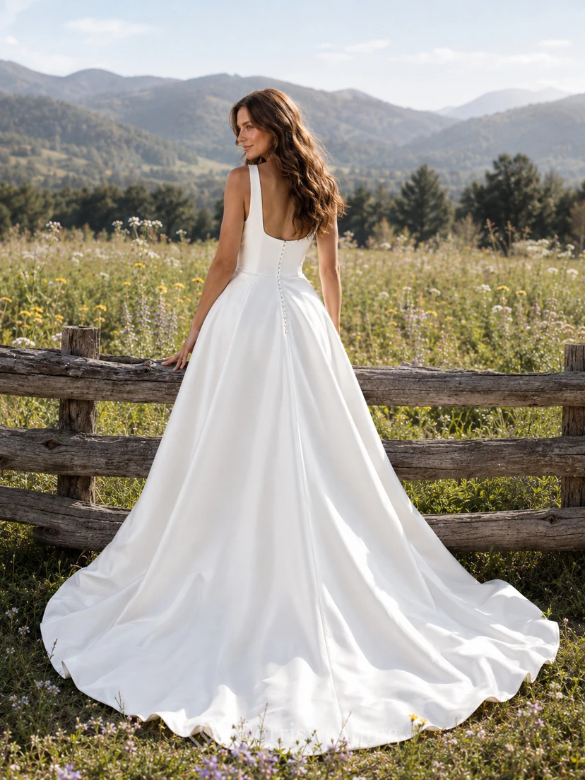 Robe de mariée de maternité à col carré et fines bretelles spaghetti, robe de mariée simple de style champêtre view 2