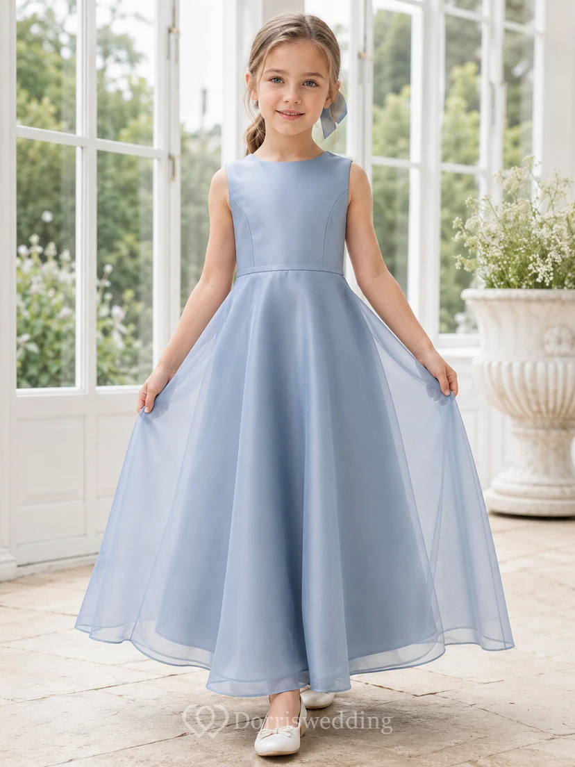 Blumenmädchenkleid, himmelblau, Chiffon, A-Linie, V-Ausschnitt, Teelänge, plissiert