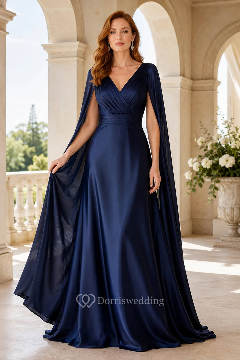 Evening Gown Dark Navy Satin Chiffon A-Line V-Neck Sleeveless Sweep Train