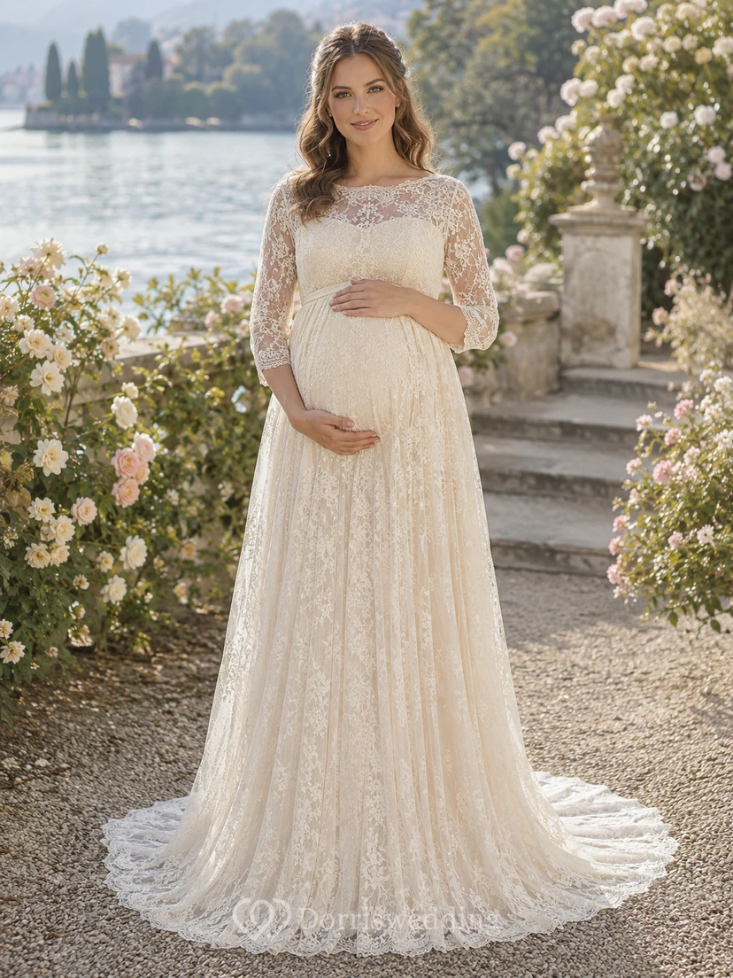 Umstands-Hochzeitskleid mit langen Ärmeln, Spitze, U-Boot-Ausschnitt und Empire-Stil