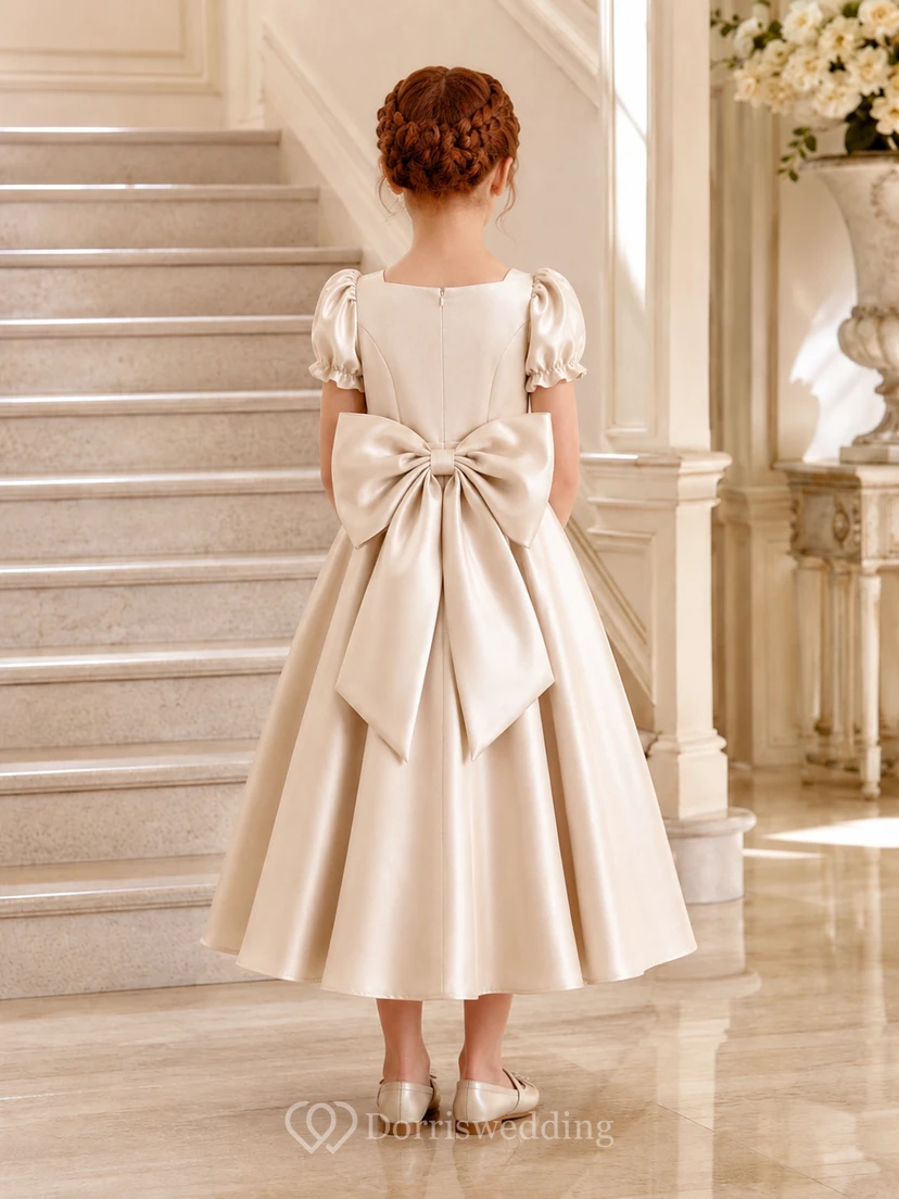 Robe de demoiselle d'honneur champêtre en satin champagne, manches bouffantes, longueur thé, coupe trapèze, avec nœud surdimensionné view 2