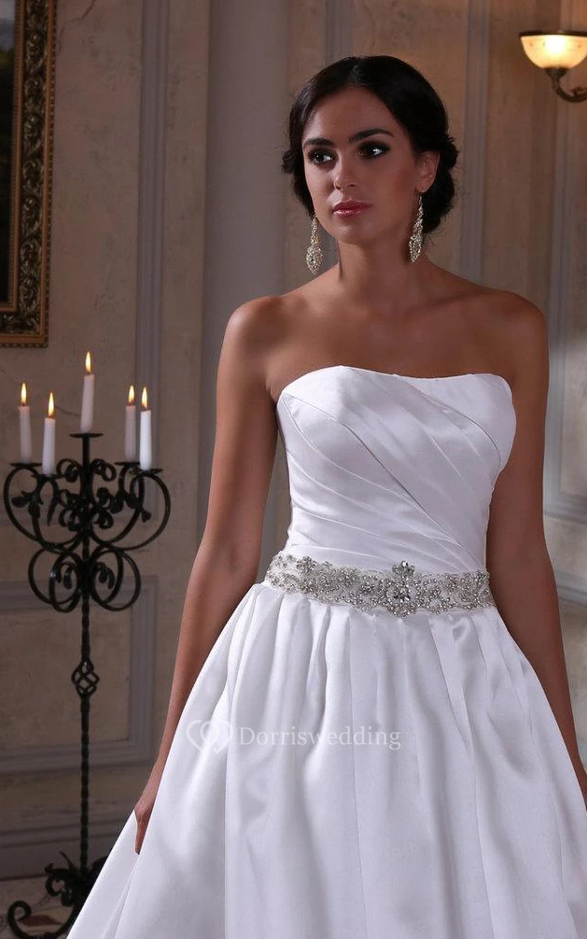 Satin Strapless Ball Gown With Ruching and Crystal Detailed Waistbelt view 2