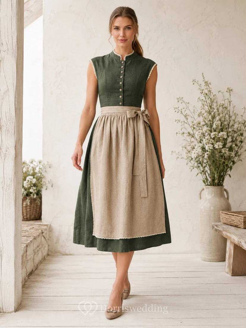 Dirndl moderno de lino verde oscuro, corte en A, largo hasta la rodilla, cuello alto, sin mangas, delantal