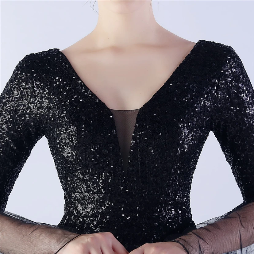 Vestido de noche con lentejuelas, bordado de malla encriptada, estilo artesanal de seda de pez y borde ondulado. view 44