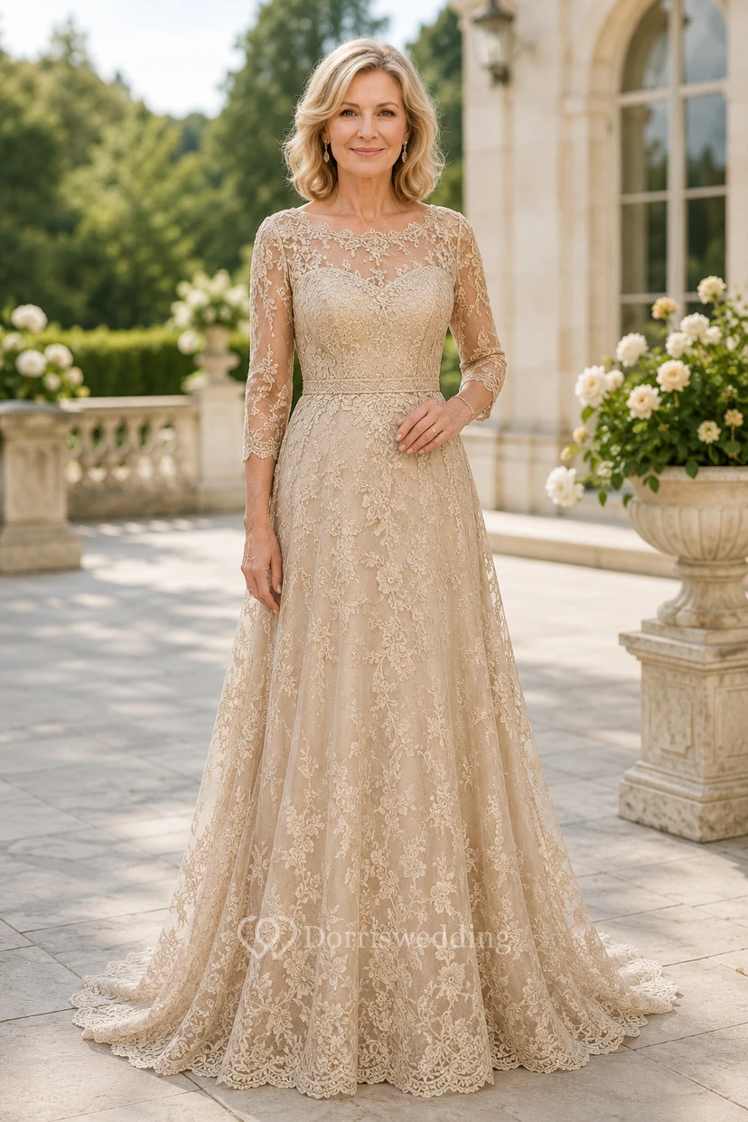 Champagnerfarbenes, langärmeliges A-Linien-Kleid aus Spitze mit Schleppe für die Mutter des Bräutigams