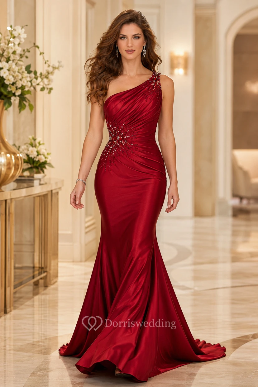 Rotes, schulterfreies Meerjungfrauen-Abendkleid aus Satin mit seitlicher Applikation und geraffter Taille