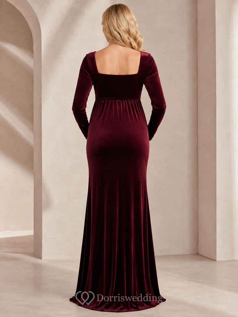 Maternity Long Sleeve Burgundy Square Neck Velvet Empire Sheath Floor-Length Formal Gown view 2