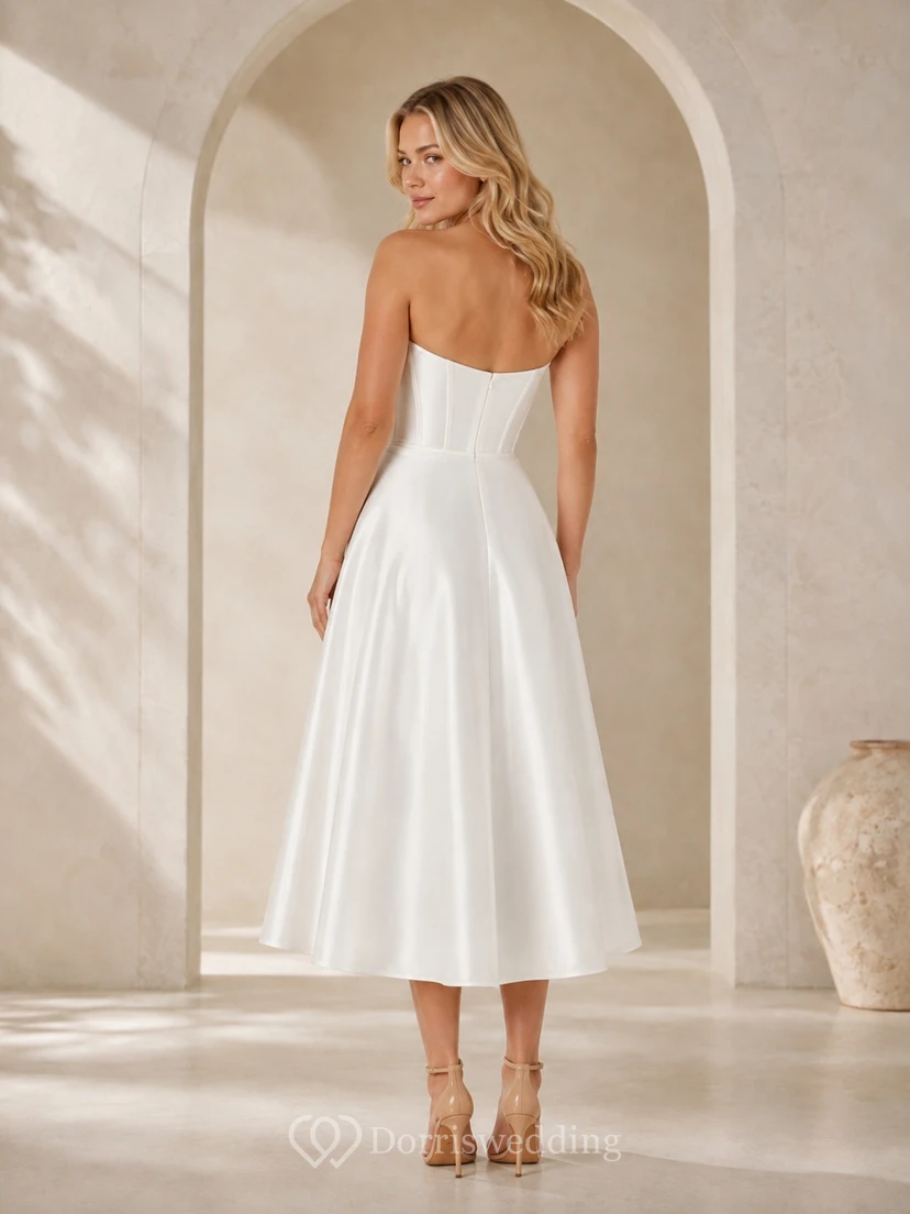 Civil Strapless Sweetheart Satin A-Line Tea-Length Simple Courthouse Wedding Dress view 2